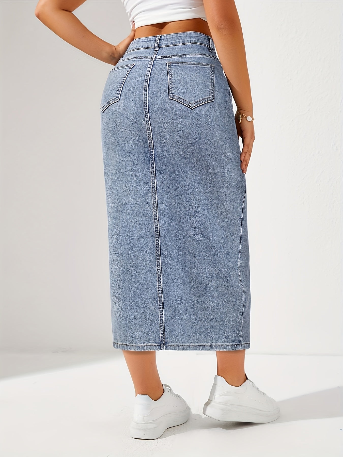 Vintage Light Blue Denim Midi Skirt with High-Waisted Split Hem & Frayed Detail - Women’s Retro Bohemian Style, Classic American Denim Fashion for Spring/Summer/Fall, Denim Skirt